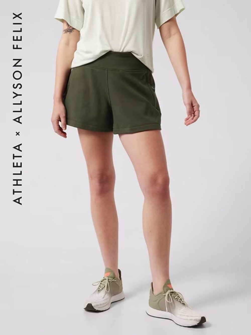 ATHLETA X ALLYSON FELIX Legend Sweat Shorts Aspen Olive Green Medium NEW